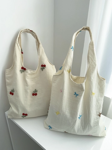 Bestickte Tragetasche Für Damen Große Kapazität Blumen Kirschmuster Canvas Schultertasche Ins Stil Schule Pendler