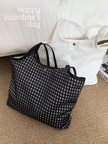 Women Retro Gingham Plaid Tote Bag Large Capacity Mesh Canvas Shoulder Bag Minimalist Vest Style Handbag Casual