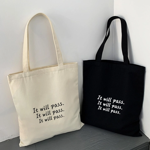 It Will Pass Letterprint Canvas Tote Bag Grote Capaciteit Schoudertas Met Rits Casual Handtas
