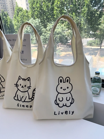 Damen Leinwand Tote Tasche Große Kapazität Schultertasche Niedlich Cartoon Tier Druck Lässig Student Schule Einkaufen