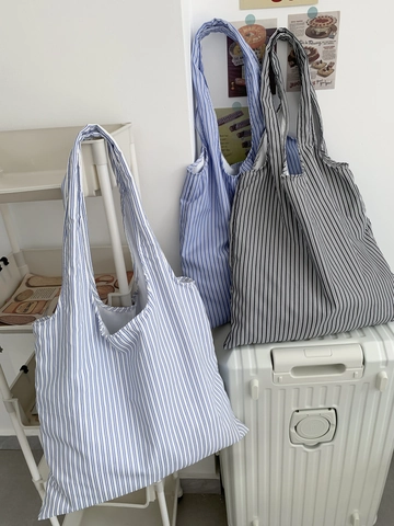 Borsa Tote A Righe Di Grande Capacità Donna Borsa A Tracolla In Tessuto Estetica Minimalista Leggera Versatile Da Viaggio
