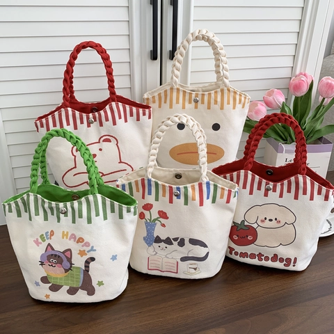 Cartoon Printed Canvas Bucket Handbag Cute Kawaii Small Tote Bag With Woven Rope Handle For Daily Outing