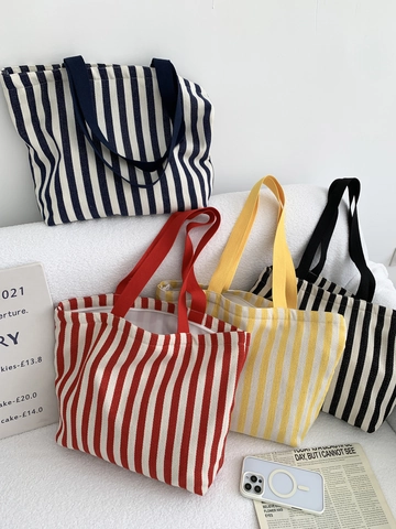 Sac Cabas En Toile Rayée Grande Capacité Femmes Sac À Épaule Shopping Avec Fermeture Éclair Motif Chevrons Style Vintage