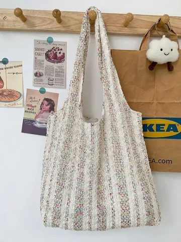 Gestrickte Gewebte Tragetasche Damen Große Kapazität Mehrfarbig Gestreift Gehäkelte Umhängetasche Lässiger Boho Stil