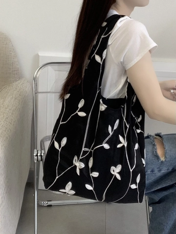 Women Shoulder Tote Bag Floral Leaf Embroidery Polyester Canvas Korean Ins Style Large Capacity Literary Fresh Handbag