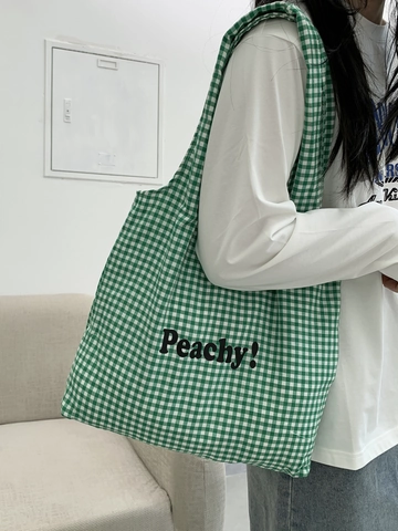 Borsa Tote In Tela A Quadri Gingham Stampa Lettere Peachy Grande Capacità Borsa A Spalla Casual Per Donna
