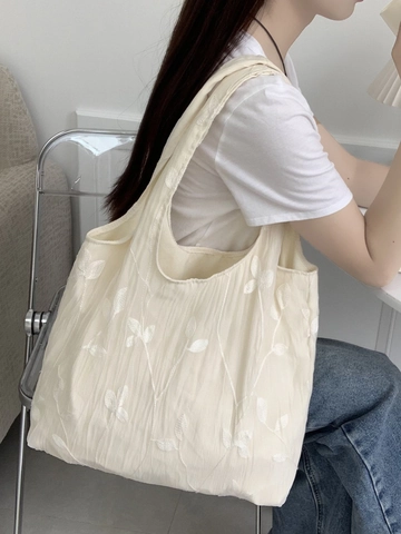 Women Shoulder Tote Bag Floral Leaf Embroidery Polyester Canvas Korean Ins Style Large Capacity Literary Fresh Handbag