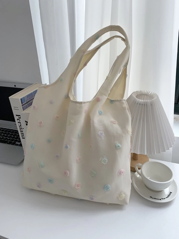 Damen Leinwand Tote Bag Große Kapazität 3D Blumenstickerei Sanfter Pastoralstil Süße Lässige Schulter Handtasche