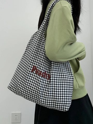 Borsa Tote In Tela A Quadri Gingham Stampa Lettere Peachy Grande Capacità Borsa A Spalla Casual Per Donna