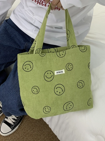Retro Smiley Gesicht Corduroy Handtasche Große Kapazität Reißverschluss Tragetasche Täglich Lässig Pendler Mittagessen Mommy Tasche