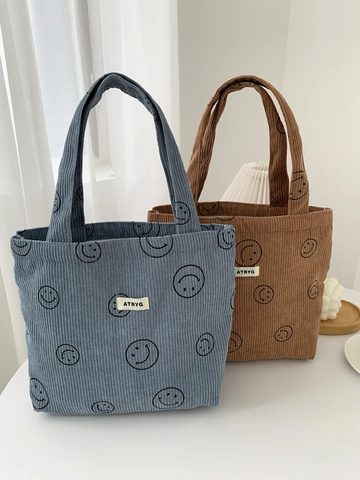 Retro Smiley Gesicht Corduroy Handtasche Große Kapazität Reißverschluss Tragetasche Täglich Lässig Pendler Mittagessen Mommy Tasche