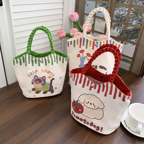 Cartoon Printed Canvas Bucket Handbag Cute Kawaii Small Tote Bag With Woven Rope Handle For Daily Outing