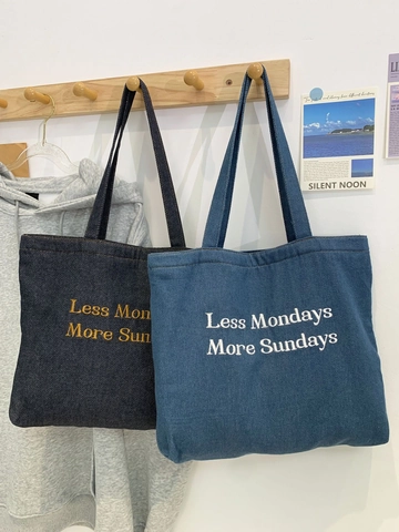 Denim Tote Bag Bestickte Buchstaben Große Kapazität Schulter Handtasche Reißverschluss Lässig Für Frauen Studenten Pendeln