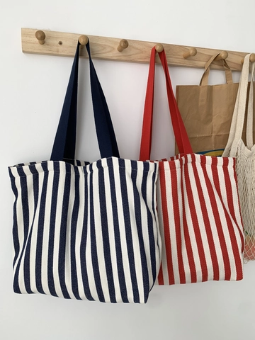 Sac Cabas En Toile Rayée Grande Capacité Femmes Sac À Épaule Shopping Avec Fermeture Éclair Motif Chevrons Style Vintage