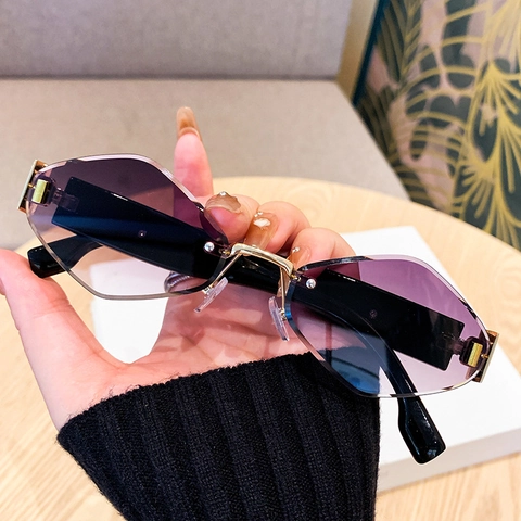 Fashion Rimless Sunglasses For Women Geometric Diamond Cut Gradient PC Lens UV400 Outdoor Street Style Luxury