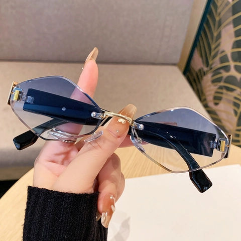 Fashion Rimless Sunglasses For Women Geometric Diamond Cut Gradient PC Lens UV400 Outdoor Street Style Luxury