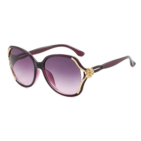 Damen Oversize Sonnenbrille Vintage PC Rahmen UV400 Schutz Verlaufsgläser Goldene Rose Blume Dekor Elegante Retro Brille