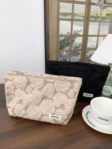 Rose Embossed Large Capacity Makeup Bag Portable Polyester Flower Jacquard Cosmetic Organizer For Women Korean Style