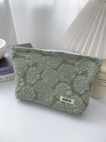 Rose Embossed Large Capacity Makeup Bag Portable Polyester Flower Jacquard Cosmetic Organizer For Women Korean Style