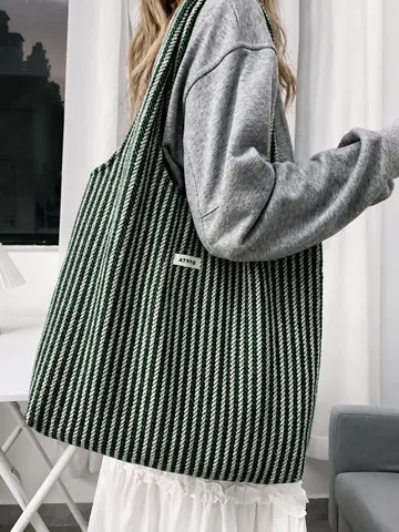 Woolen Herringbone Tote Bag Large Capacity Retro Striped Shoulder Bag For Women Daily Work School