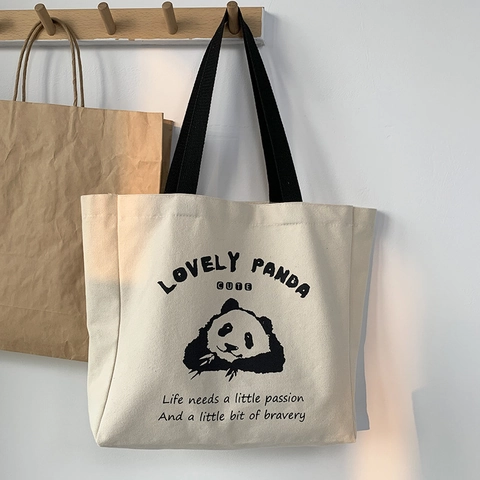Süße Panda Druck Leinwand Tragetasche Für Frauen Große Kapazität Minimalistisch Koreanischer Stil Student Handtasche