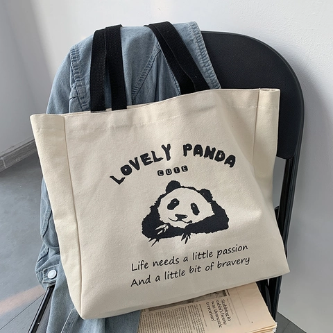 Süße Panda Druck Leinwand Tragetasche Für Frauen Große Kapazität Minimalistisch Koreanischer Stil Student Handtasche