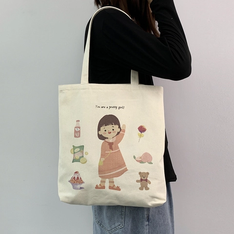 Canvas Tote Bag Cute Cartoon Girl Illustration Large Capacity Zipper Shoulder Handbag Aesthetic Daily Shopping Bag