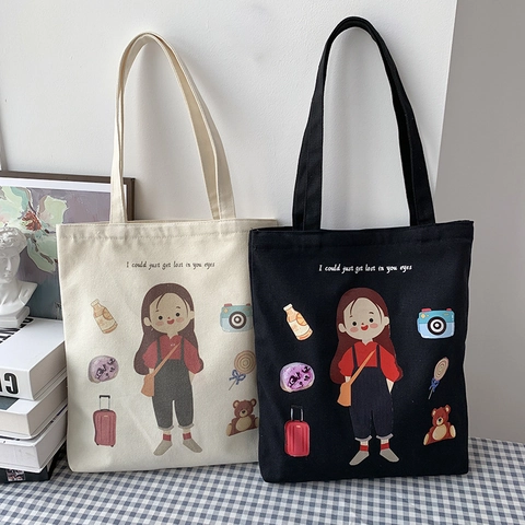 Canvas Tote Bag Cartoon Illustration Große Kapazität Schultertasche Retro Literarischer Stil Für Studenten Alltag
