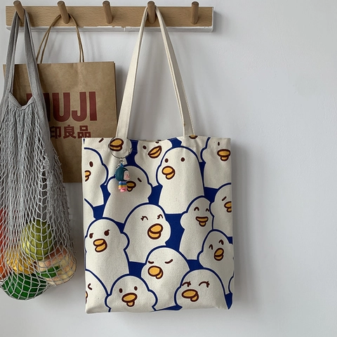 Süße Cartoon Ente Druck Leinwand Tragetasche Große Kapazität Reißverschluss Schultertasche Mit Puppenanhänger Für Schule Casual