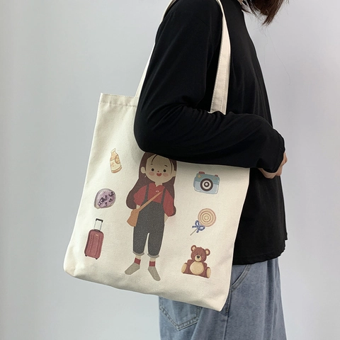 Canvas Tote Bag Cartoon Illustration Große Kapazität Schultertasche Retro Literarischer Stil Für Studenten Alltag