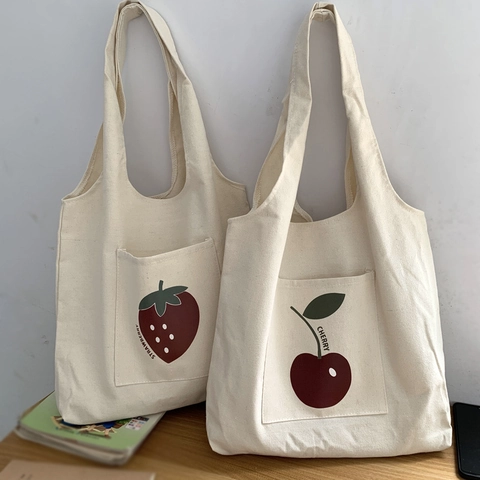 Sac Fourre-tout En Toile Style Japonais Grande Capacité Imprimé Fruits Poche Extérieure Sac À Main Épaule Pour Femmes Esthétique Simple