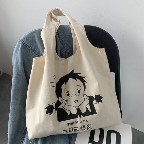 Damen Canvas Tote Bag Baumwolle Große Kapazität Schulter Handtasche Japanisch Minimalistisch Künstlerisch Cartoon Mädchen Illustration Tagträumer Druck Lässig Pendler Student Tasche