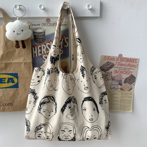 Künstlerische Canvas-Tragetasche Mit Minimalistischen Gesichts-Linienkunst-Prints Große Kapazität Schultertasche Für Frauen