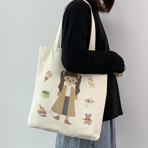 Canvas Tote Bag Thickened Large Capacity Zipper Inner Pocket Cute Cartoon Girl Print Literary Japanese Style Women Bag