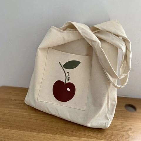 Sac Fourre-tout En Toile Style Japonais Grande Capacité Imprimé Fruits Poche Extérieure Sac À Main Épaule Pour Femmes Esthétique Simple