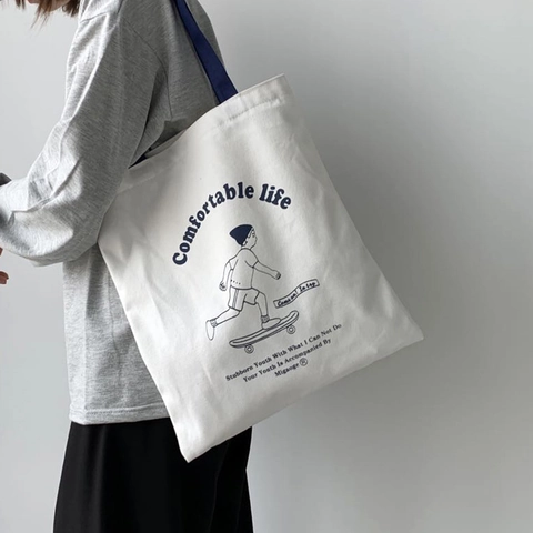 Canvas Tote Bag Damen Verdickte Schultertasche Reißverschluss Handtasche Skater Junge Druck Streetwear Schule Alltag