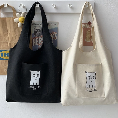 Grand Sac Cabas En Toile Avec Poche Avant Imprimé Chat Mignon Style Japonais Sac À Bandoulière Minimaliste Pour Femme