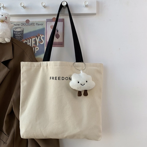 Borsa Tote In Tela Con Stampa Lettere Freedom Grande Capacità Borsa A Spalla Chiusura Lampo Shopping Casual Studente