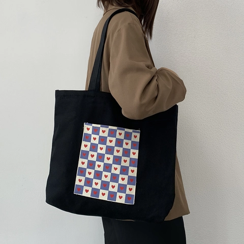 Bolso Tote De Lona Para Mujer Gran Capacidad Bolsillo Cuadros Corazón Cremallera Bolso De Hombro Para Escuela