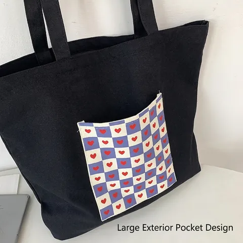 Bolso Tote De Lona Para Mujer Gran Capacidad Bolsillo Cuadros Corazón Cremallera Bolso De Hombro Para Escuela