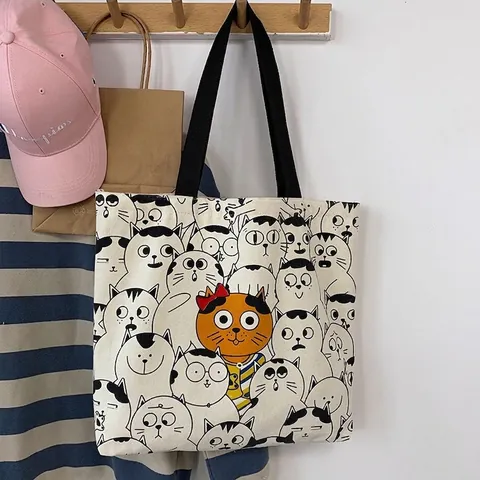 Canvas Totebag Cartoon Katzenmuster Große Kapazität Reißverschluss Schulterhandtasche Lässig Wendbare Einkaufstasche