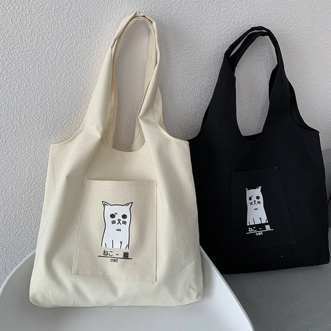 Grand Sac Cabas En Toile Avec Poche Avant Imprimé Chat Mignon Style Japonais Sac À Bandoulière Minimaliste Pour Femme