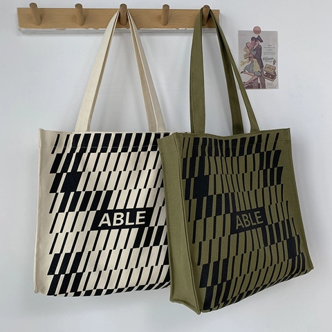 Large Capacity Canvas Tote Bag Geometric Print Letter Shoulder Handbag Daily School Travel Minimalist Trendy