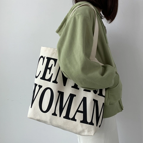 Large Capacity Canvas Tote Bag Letter Print Zipper Shoulder Handbag Minimalist Casual For Women Students Travel