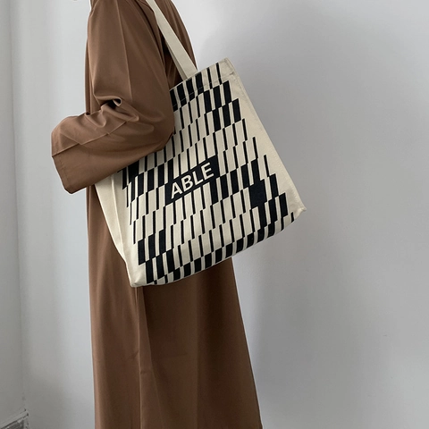 Large Capacity Canvas Tote Bag Geometric Print Letter Shoulder Handbag Daily School Travel Minimalist Trendy