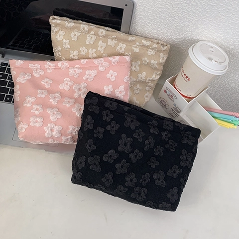 Trousse De Maquillage À Fleurs En Relief 3D Grande Capacité Portable Jacquard Organisateur De Voyage Pour Femmes