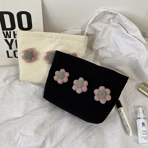 Handgemachte 3D Blumen Leinwand Kosmetiktasche Große Kapazität Tragbare Aufbewahrungstasche Reißverschluss Reiseorganisator