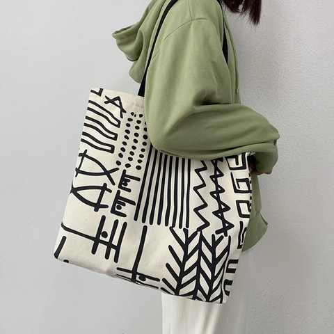 Women Canvas Tote Bag Large Capacity Abstract Tribal Print Zipper Closure Artistic Minimalist Shoulder Handbag