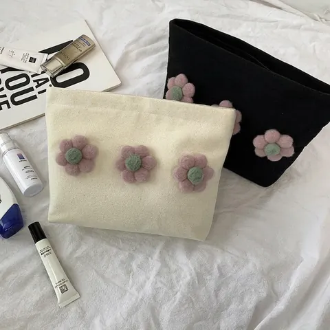 Handgemachte 3D Blumen Leinwand Kosmetiktasche Große Kapazität Tragbare Aufbewahrungstasche Reißverschluss Reiseorganisator