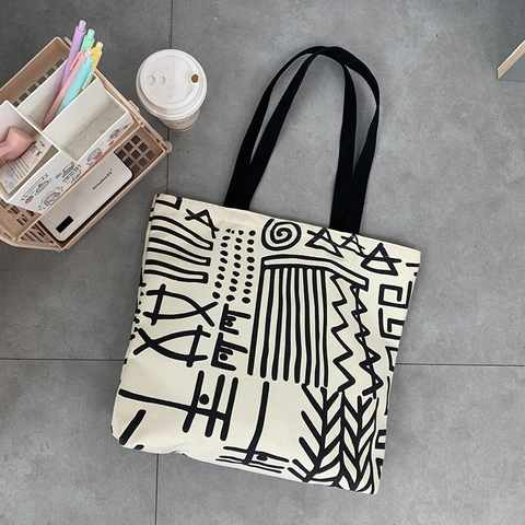 Women Canvas Tote Bag Large Capacity Abstract Tribal Print Zipper Closure Artistic Minimalist Shoulder Handbag